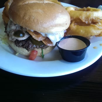 Fronk's - Jalepeno bacon cheeseburger with beer battered onion rings - Burgers Near Me - Bellflower, California