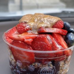 Açaí Brasil - Cypress - Very Berry Açaí Bowl (to go). The almond butter on top was an added extra topping and provided in a separate container to go.