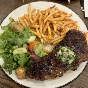 Village Bistro - Steak Frites; with house salad, French fries & maître d butter (New York Strip) - French Near Me - East Hampton, New York Village Bistro - Steak Frites; with house salad, French fries & maître d butter (New York Strip) - French Near Me - East Hampton, New York