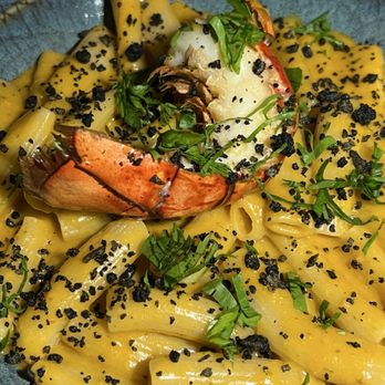 San Babila - RIGATONI ALL'ARAGOSTA rigatoni, lobster meat, lobster sauce, tomato sauce, squid bread crumble - Italian Near Me - New York, New York San Babila - RIGATONI ALL'ARAGOSTA rigatoni, lobster meat, lobster sauce, tomato sauce, squid bread crumble - Italian Near Me - New York, New York