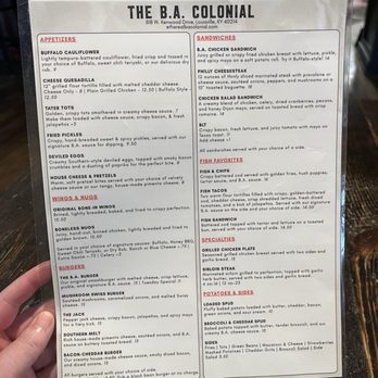 The B.A. Colonial - Menu - New American Near Me - Louisville, Kentucky The B.A. Colonial - Menu - New American Near Me - Louisville, Kentucky