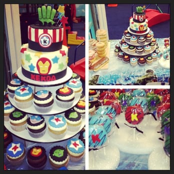 Half Baked Co - My son's Avengers cupcake dessert tower, with two tier cake and oreo pops... these were an AMAZING hit at his party!! - Bakeries Near Me - Burbank, California Half Baked Co - My son's Avengers cupcake dessert tower, with two tier cake and oreo pops... these were an AMAZING hit at his party!! - Bakeries Near Me - Burbank, California