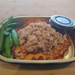 Mylenia Meals - Sweet Potato Pancakes Topped with Ground Maple Turkey and Snow Peas on the side.(Cranberry Sauce)