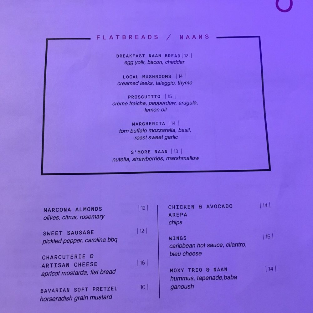 Bar Moxy - Food menu as of October 4,2019 - Cocktail Bars Near Me - Boston, Massachusetts
