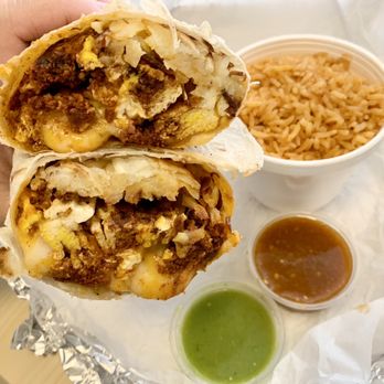 Maria's Ricos Tacos - Chorizo breakfast burrito, side of rice, and salsas. - Breakfast & Brunch Near Me - Inglewood, California