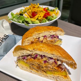 Café Zupas - BBQ pulled pork sandwich with chipotle glazed chicken salad in the back - Salad Near Me - Schaumburg, Illinois