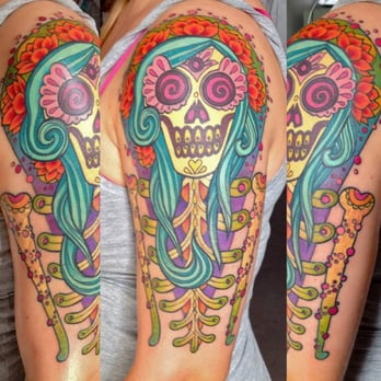 Haunted Hands - Day of the dead half sleeve designed by Lisa. I love the colors she chose. - Tattoo Near Me - Tucson, Arizona