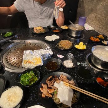 Q-POT - Spread of banchan, rice, hot pot and some meat. - Korean Near Me - San Jose, California Q-POT - Spread of banchan, rice, hot pot and some meat. - Korean Near Me - San Jose, California