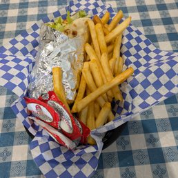 Gyro wrap with fries.