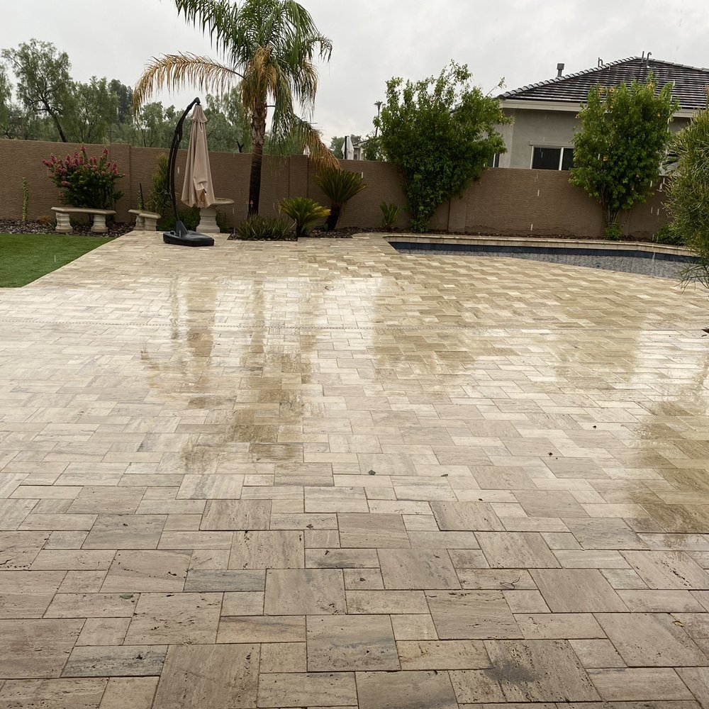 Travertine tile, San Miguel. Raining!