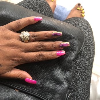 Nails Center & Spa - Sheer chrome over a hot pink and black. - Nail Salons Near Me - Marietta, Georgia Nails Center & Spa - Sheer chrome over a hot pink and black. - Nail Salons Near Me - Marietta, Georgia