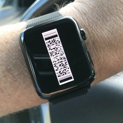 7-Eleven - Double tap the home screen of the reward pass in your wallet and you will get a full-size Qr co they  can scan on your watch
