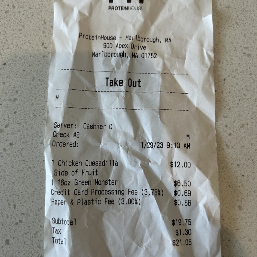 PROTEINHOUSE - a receipt for a take out - Juice Bars & Smoothies Near Me - Marlborough, Massachusetts PROTEINHOUSE - a receipt for a take out - Juice Bars & Smoothies Near Me - Marlborough, Massachusetts