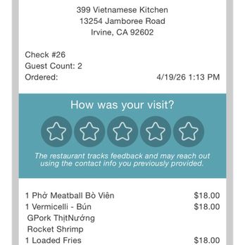 399 Kitchen - Total bill.  Expensive and we didn't order drinks. - Vietnamese Near Me - Irvine, California
