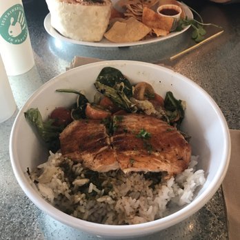 Slapfish - Top - epic fish burrito   Bottom - bowl w/ grilled salmon, white rice, and veggies - Seafood Near Me - Farmington, Utah