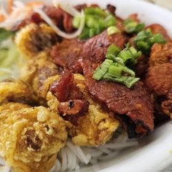 New Pho Saigon Noodle & Grill Restaurant - Closeup of eggroll and grilled pork