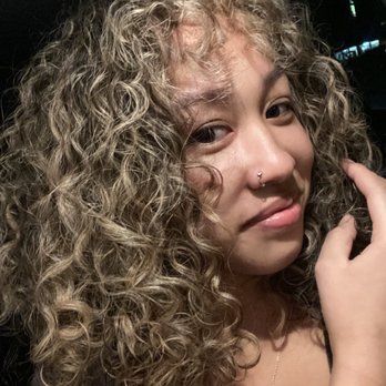 Salon 44 - Ashy balayage Curly bangs Perfectly shaped juicy curls - Hair Salons Near Me - Renton, Washington