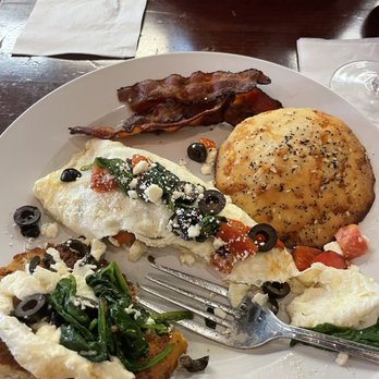 Fresh Egg Restaurant - Greek Omelette with egg whites and bacon on gluten free toast. - Breakfast & Brunch Near Me - Cornelius, North Carolina Fresh Egg Restaurant - Greek Omelette with egg whites and bacon on gluten free toast. - Breakfast & Brunch Near Me - Cornelius, North Carolina