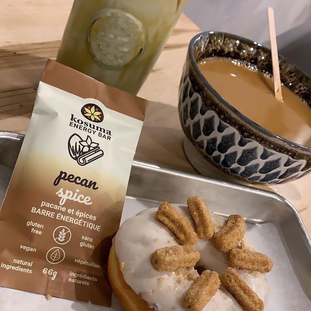 iced triple caramel latte, churro donut & peacan spice bar. I am unsure what exact coffee we ordered to the right.