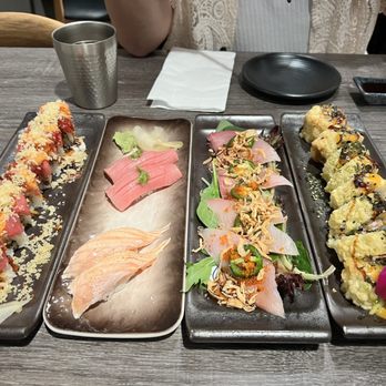 Sushi Pro - I think it was toro belly roll? And im not sure about the nigiri, third dish was a carpaccio, and then deep fried california toll. - Japanese Near Me - San Jose, California
