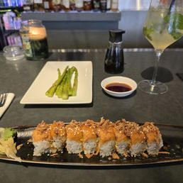 Dragons Breath and side of asparagus- great lunch combo! Roll was soft with a little heat from toppings and sweetness from sauce it sits in