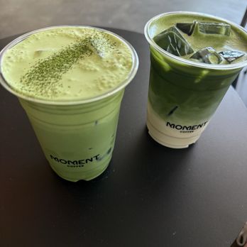 Moment Coffee - Double matcha moment (left) regular matcha latte (right) - Coffee & Tea Near Me - Seattle, Washington Moment Coffee - Double matcha moment (left) regular matcha latte (right) - Coffee & Tea Near Me - Seattle, Washington