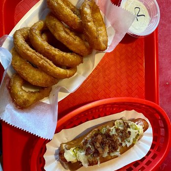 Rawleys Drive-In - The works dog, onion rings that are big enough to share! - Burgers Near Me - Fairfield, Connecticut Rawleys Drive-In - The works dog, onion rings that are big enough to share! - Burgers Near Me - Fairfield, Connecticut
