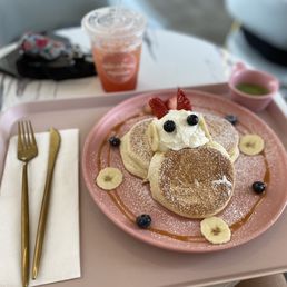 Matcha pancake and strawberry green tea iced Matcha pancake and strawberry green tea iced