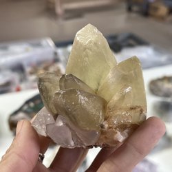 Zelda’s Minerals - Golden Dogtooth Calcite on Purple Fluorite