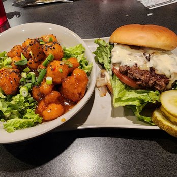 Monk's Bar & Grill - Black and bleu burger with sweet chili cauliflower bites - American Near Me - Sun Prairie, Wisconsin