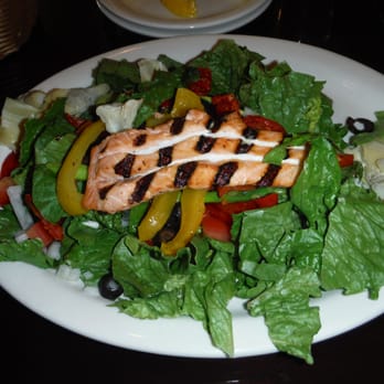 Moscatiello's Italian Restaurant - Rustic salad without cheese and addition of plain grilled Salmon - Italian Near Me - Troy, New York Moscatiello's Italian Restaurant - Rustic salad without cheese and addition of plain grilled Salmon - Italian Near Me - Troy, New York