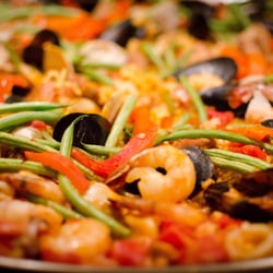 El Paellero - Closeup of paella with lots of Pacific Northwest seafood.