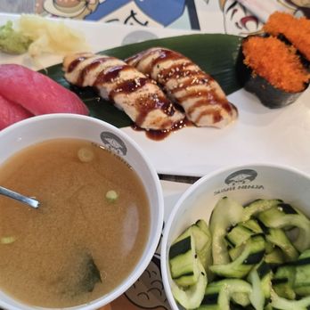 Sushi Ninja - Miso, cucumber salad, and nigri. Tuna, seared salmon and tobiko. - Sushi Bars Near Me - Wood Village, Oregon Sushi Ninja - Miso, cucumber salad, and nigri. Tuna, seared salmon and tobiko. - Sushi Bars Near Me - Wood Village, Oregon