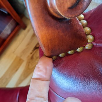 Stickley Furniture - Finger tip points out the sharp edge jutting out from the left hand rest. Poor craftsmanship/quality control on the Leopold chair. - Furniture Stores Near Me - Manlius, New York Stickley Furniture - Finger tip points out the sharp edge jutting out from the left hand rest. Poor craftsmanship/quality control on the Leopold chair. - Furniture Stores Near Me - Manlius, New York