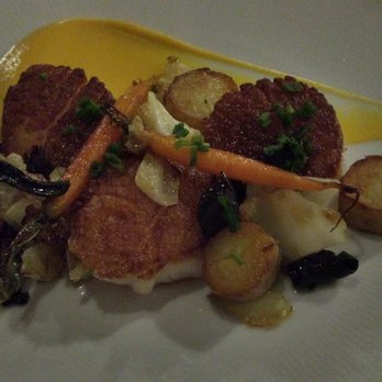 Spring - Pan-seared Maine scallops: red kuri squash puree, savoy cabbage, fingerling potatoes, carrot, black trumpet mushroom - New American Near Me - Marietta, Georgia