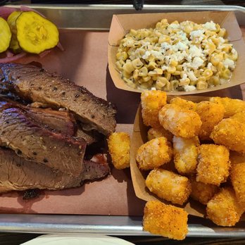 Hickory & Spice - Large brisket plate with sweet pickles, creamed corn and tater tots - Barbeque Near Me - Orange, California Hickory & Spice - Large brisket plate with sweet pickles, creamed corn and tater tots - Barbeque Near Me - Orange, California