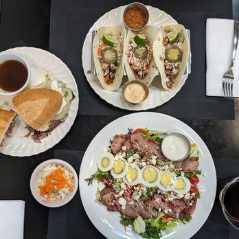 Cedar Rain Spirits - Brisket Dip and Cole Slaw side at left., Brisket Tacos at top, TriTip Salad at bottom. - Bars Near Me - Walla Walla, Washington Cedar Rain Spirits - Brisket Dip and Cole Slaw side at left., Brisket Tacos at top, TriTip Salad at bottom. - Bars Near Me - Walla Walla, Washington