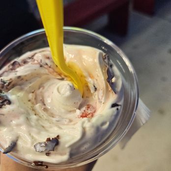 Andy's Frozen Custard - Snowmonster Conrete which is strawberries with melted chocolate chip - Ice Cream & Frozen Yogurt Near Me - San Antonio, Texas Andy's Frozen Custard - Snowmonster Conrete which is strawberries with melted chocolate chip - Ice Cream & Frozen Yogurt Near Me - San Antonio, Texas