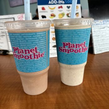 Planet Smoothie Cafe - Peanut Butter Power Up on the right and a All Shook Up on left - Juice Bars & Smoothies Near Me - Mesa, Arizona