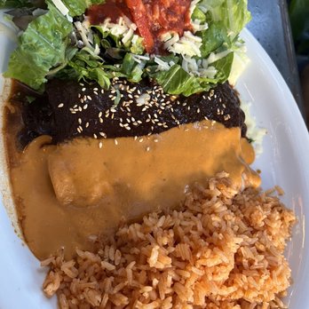 Vive Sol - Enchilada platter  Half mole  Half guajillo  Salad sub beans - Mexican Near Me - Mountain View, California