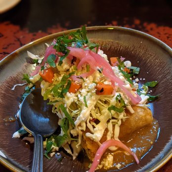 Chilam Balam - Flautas Stuffed with Chicken Thigh And Rajas, Chipotle Sauce, Pickled Cabbage, Carrots And Crema - Mexican Near Me - Chicago, Illinois