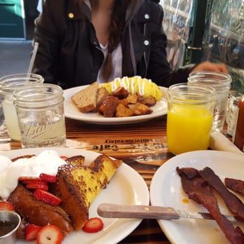 Fig Tree Cafe - Top: avocado bacon and cheese omelette  Botttom: French toast with fresh strawberries and cream. Right: man candy bacon - Breakfast & Brunch Near Me - San Diego, California