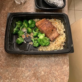 LongHorn Steakhouse - Salmon 7oz. with loaded baked potatoe & broccoli over rice - Steakhouses Near Me - Merrillville, Indiana LongHorn Steakhouse - Salmon 7oz. with loaded baked potatoe & broccoli over rice - Steakhouses Near Me - Merrillville, Indiana