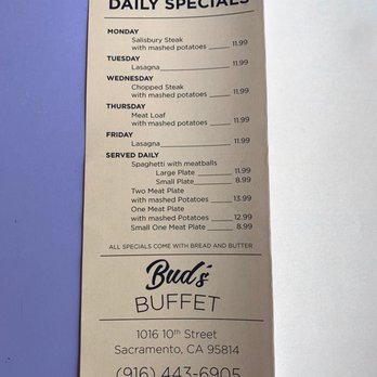 Bud's Buffet - Bud's Buffet Daily specials. - Halal Near Me - Sacramento, California Bud's Buffet - Bud's Buffet Daily specials. - Halal Near Me - Sacramento, California