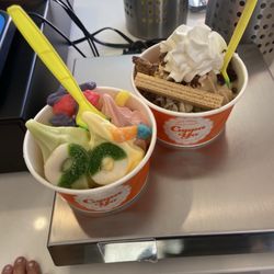 Cuppa Yo Frozen Yogurt - Green apple sorbet, pineapple, raspberry tart, & vanilla vs. peanut butter, chocolate, & cake batter with an impressive amount of toppings.