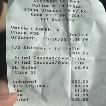 Quechua'S Restaurant - Double tip bill!!!!! They charged automatic 15% without telling you! - Peruvian Near Me - Hampden, Pennsylvania Quechua'S Restaurant - Double tip bill!!!!! They charged automatic 15% without telling you! - Peruvian Near Me - Hampden, Pennsylvania