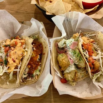 Mojo's Tacos - Franklin - Baja Fish, Brisket, Fried Avocado, and an extra Baja Fish they accidentally gave me - Tacos Near Me - Franklin, Tennessee Mojo's Tacos - Franklin - Baja Fish, Brisket, Fried Avocado, and an extra Baja Fish they accidentally gave me - Tacos Near Me - Franklin, Tennessee