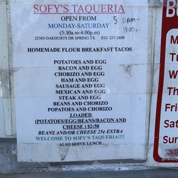 Sofy's Taqueria - Breakfast menu - Mexican Near Me - Spring, Texas