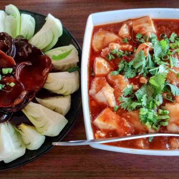 The Red Hot Chili Burrow - L: mushrooms, r: spicy fish & tofu - Szechuan Near Me - Houston, Texas