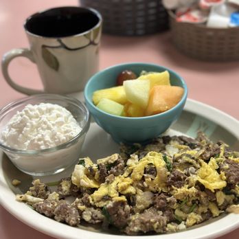 The Village Coffee Shop - Hamburger Scramble with cottage cheese and fruits - Diners Near Me - Lodi, California The Village Coffee Shop - Hamburger Scramble with cottage cheese and fruits - Diners Near Me - Lodi, California